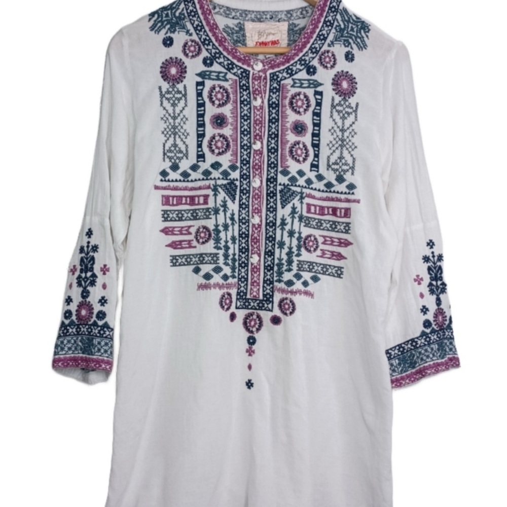 Johnny Was White Embellished Long Sleeve Tunic